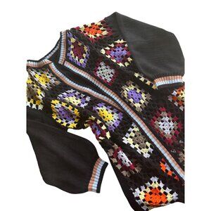 Vintage Boho Crochet Long Cardigan Multicolor Patchwork Design